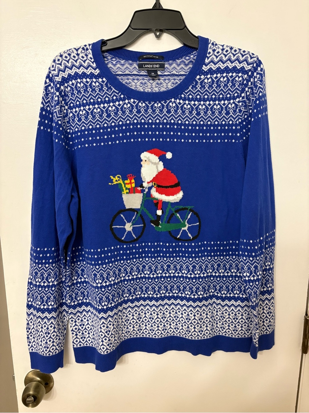 Lands End 1X Christmas Sweater Santa Riding Bicycle Fair Isle Supima Cotton
